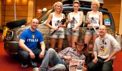 The Mongol adventurers at this weekend's motor show at Clickimin Leisure Centre with their support team. From left Andrew Hawick, Nicola Williamson, Ava MacDonald, and Donna Simpson, Stuart Cameron. Lying down is Kevin Williamson - Photo: Billy Fox