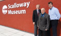 Former Shetland Bus Friendship Society chairman Jack Burgess, Scalloway Museum Curator Robbie Johnson, and John Tait of building firm DITT outside the new Scalloway Museum - Photo: hans J Marter