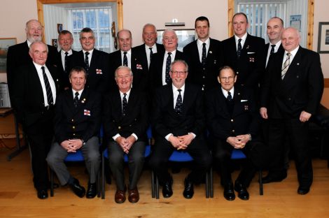 RNLI reunion: Back row (left to right) John Sinclair, Peter Thomson, Kenny Pearson, Robert Wiseman, Richie Simpson, Ian Fraser, Neil Clark, John Clark, Malcolm Craigie, Theo Nicolson. Front row (left to right) Ray Leask, Hewitt Clark, Brian Miles CBE, Magnie Shearer, Billy Clark - Photo: Dave Donaldson