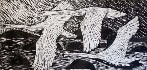 Swans Over Clousta - Woodcut