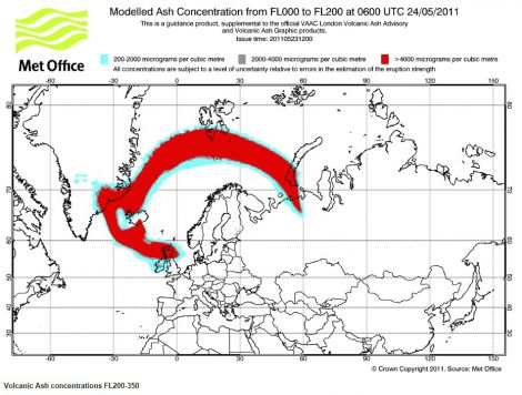 Modelled ash cloud movement for 6am on Tuesday morning - Image: Met Office