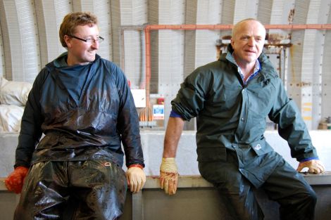 Specialist vets Andrew Brownlow (left) and Bob Reid after the post mortem - Photo: Pete Bevington, Shetland News