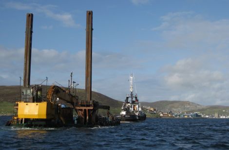 Lerwick pilot boat Kebister towing the jack up dredging barge into Scalloway harbour last weekend - Photo: Karen Fraser