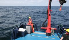 Staff from NAFC Marine Centre deploy Aegir Wave Power's Waverider test buoy off St Ninian's Isle to measure the power of the seas off Shetland.