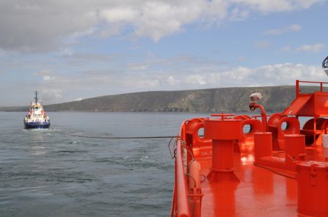 SIC tug Dunter at the other end of the tow line from on board Petroatlantic during last month's exercise in Colgrave Sound. Pic. Teekay Petrojarl Production AS