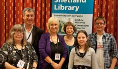 Winners, judges and organisers (from left to right); judge Mary Blance, Wordplay curator Donald Murray, competition organiser Morag Nicolson, judge Jen Hadfield, and winners Rachel Clarke and Peter Ratter - Photo: Billy Fox