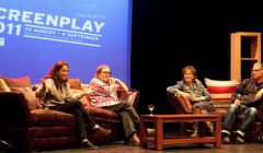 Producers Elizabeth Karlsen and Stephen Wooley (left couch) are joined by Screenplay curators Linda Ruth Williams and Mark Kermode at Wednesday's Screenplay night at the Garrison. Pic. Billy Fox