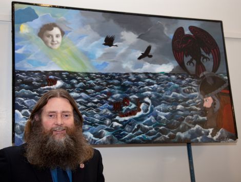 Guizer Jarl David Nicolson with the Bill Head, painted by his daughter Suzanne, on Monday afternoon.