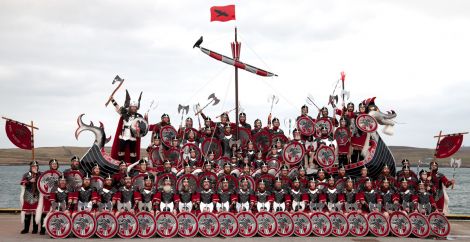 The Jarl's squad and galley posing for the traditional photo at Alexandra Wharf, on Tuesday morning.