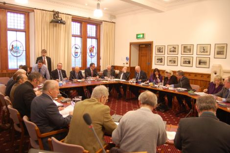 Councillors during a brief break in Thursday's council meeting. Pic. Shetland News