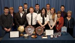 Students and lecturers with their awards, back row (left to right): Caroline Hepburn (Student Support Officer- for Ryan Trumpess), Joe Pottinger (for Steve), Calum Fraser, Harry Pottinger (for Callum), Derek Spence; front row (left to right): Ben Hughson, Joe Huntley, Colin Hodder, Jerry Gibson, Abigail Barlow, Maddie Thomas, Kathleen Cumming - Photo: Billy Fox for NAFC Marine Centre