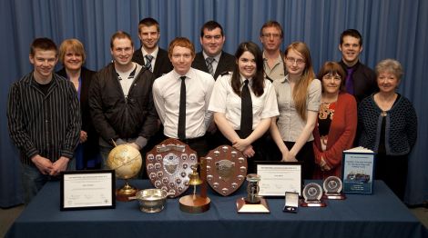 Students and lecturers with their awards, back row (left to right): Caroline Hepburn (Student Support Officer- for Ryan Trumpess), Joe Pottinger (for Steve), Calum Fraser, Harry Pottinger (for Callum), Derek Spence; front row (left to right): Ben Hughson, Joe Huntley, Colin Hodder, Jerry Gibson, Abigail Barlow, Maddie Thomas, Kathleen Cumming - Photo: Billy Fox for NAFC Marine Centre