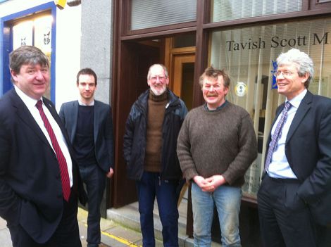 MP Alistair Carmichael (left) with Ewan Scott, Scottish government, local crofters Pete Glanville and Ronnie Eunson of ShetlandOrganics, and Simon Johnson of the UK government - Photo: Pete Bevington