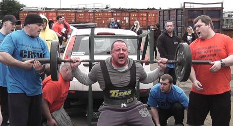 Colin Fraser during the 270kg car squat at Dumfries last weekend.