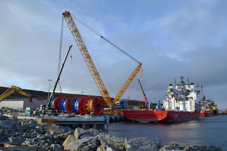 Fugro Symphony loads 270 tonne reels at Greenhead's new Berth Seven. Pic. LPA