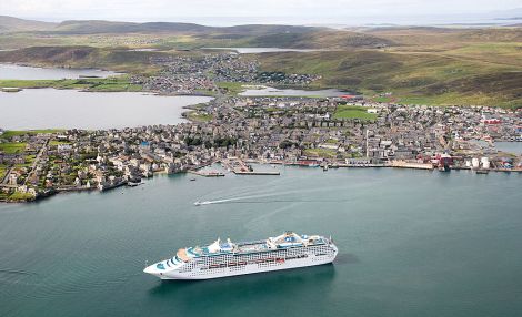 Aerial view of Lerwick harbour - The Sea Princess at inner anchorage - Photo: LPA