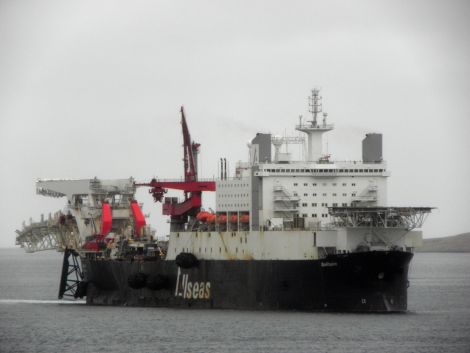 The world's largest pipelaying vessel Solitaire in Firths Voe on Sunday. Pic. Davy Cooper