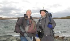 Musician Tim Dalling (left) and storyteller Malcolm Green survey the Shetland skies for seabirds before setting off for their next show - Photos: Pete Bevington