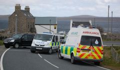 Police, fire and ambulance crews raced to Mossbank after fears of a gas leak following reports of a small fire in a house near the Welcome Inn on Friday morning. Pic. Shetland News