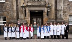 Standing at the right of the group with Camilla, Duchess of Cornwall, at Edinburgh's Holyroodhouse palace are (from right) Moira Dobson, Sianlee Lawson, James Spall, Danielle Johnson and Craig Manson. Pic. Peter Adamson