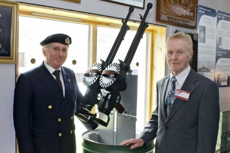 Stephen Howarth (left), son of The Shetland Bus author David Howarth, with Billy Moore, son of Jack Moore, who ran the William Moore & Son workshop that repaired so many of the Shetland Bus vessels. Pic. Millgaet Media