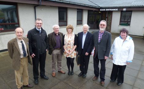 MYSP Emily Shaw with Shetland West candidates (from left to right): Frank Robertson, Gary Robinson, Theo Smith, Ian Tinkler, Tom Macintyre and Marion Hughson. Andy Holt was not abel to attend the westside hustings due to lambing.