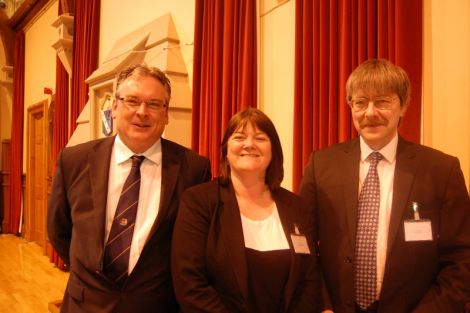 SIC chief executive Alistair Buchan (L) happy to let his former depute returning officer Jan Riise and his depute Anne Cogle take care of today's election count