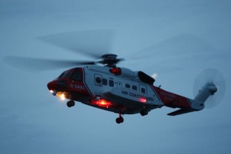 The coastguard helicopter seach and rescue 102 over West Voe beach on Saturday night.