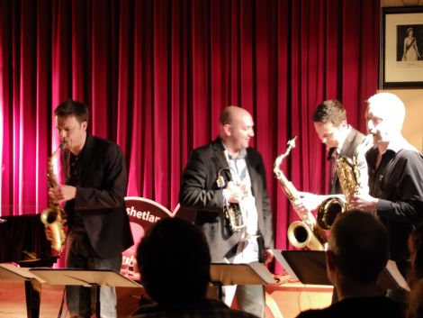 Brass Jaw belt it out. From left: Paul Towndrow (alto sax), Ryan Quigley (trumpet), Konrad Wisniewski (tenor sax) and Allon Beauvoisin (baritone sax). Pic. Chris Brown