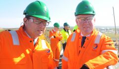 UK energy minister Charles Hendry (right) being shown around the Total gas plant construction site by the company's managing director Philippe Guys. Pic. Malcolm Younger