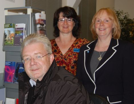 Scottish education secretary Mike Russell with chief librarian Karen Fraser and children's services director Helen Budge. Pic. SIC