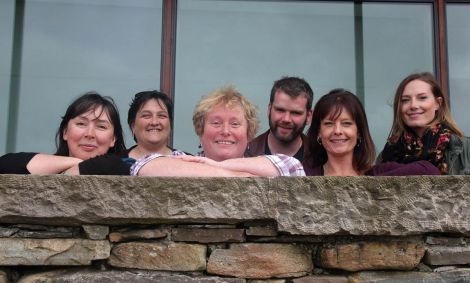 The Shetland Moving Image Archive Group are: Joanne Jamieson (Volunteer co-ordinator), Johan Adamson (Treasurer), Pat Christie (Chairperson), Bryan Peterson (volunteer), Rita Smith (volunteer) and Louise Thomason (Secretary) - Photo: Peter Johnson