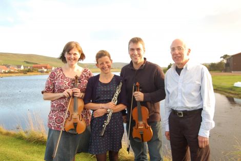 A sunnier day at Gott. (From left) Margaret Scollay, Katy MacKintosh, Maurice Henderson and Graeme MacKintosh ready to perform together. Pic. RSNO