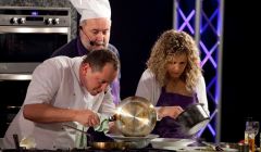 What next? Last year's Scottish chef of the year Neil Forbes plates up with Ian Morrison and Alison Moar at last year's Shetland Food Festival's Ready, Steady Shetland. Pic. Billy Fox/SIC