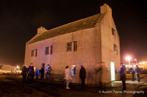 The Shetland Textile Museum at the Bod of Gremista lit up with luminous yarns. Pic. Austin Taylor