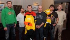 Some of the passengers of the Puma helicopter that ditched into the sea off Fair Isle (from left to right): Jorn Gudbrandsgard, Michael Mashford, Rares Spalnacan, Ingmund Ytroy, Adrian Smith and Howard Bourke - Photo: Malcolm Younger/Millgaet Media