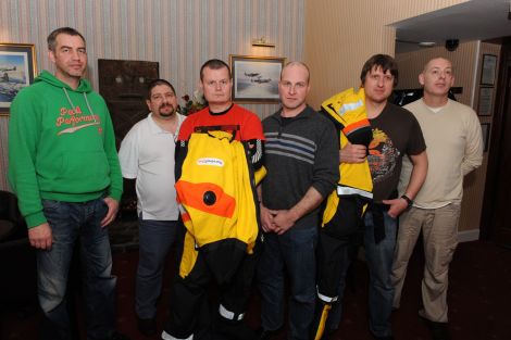 Some of the passengers of the Puma helicopter that ditched into the sea off Fair Isle (from left to right): Jorn Gudbrandsgard, Michael Mashford, Rares Spalnacan, Ingmund Ytroy, Adrian Smith and Howard Bourke - Photo: Malcolm Younger/Millgaet Media