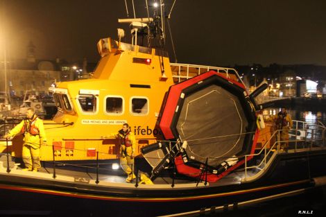 Lerwick lifeboat arrived back on Monday night with the helicopter's life raft on board - Photo: Ian Leask