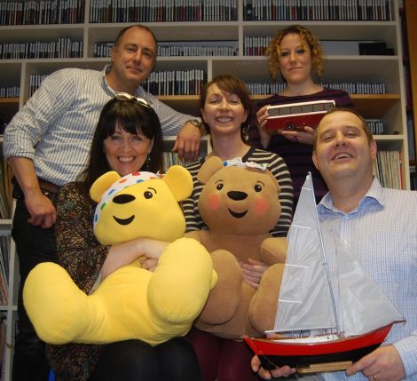 The BBC Radio Shetland team ready for their annual broadcasting marathon. From left: Mike Grundon, Jane Moncrieff, Helen Smith, Lesley Haw and John Johnston. Pic. Shetland News