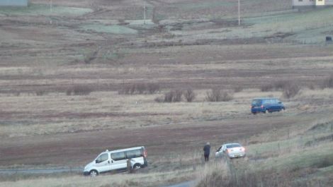 This silver taxi was taking kids to school at Cunningsburgh when it slipped on 'pure ice', spun and hit a strainer post. Pic. Michael Inkster