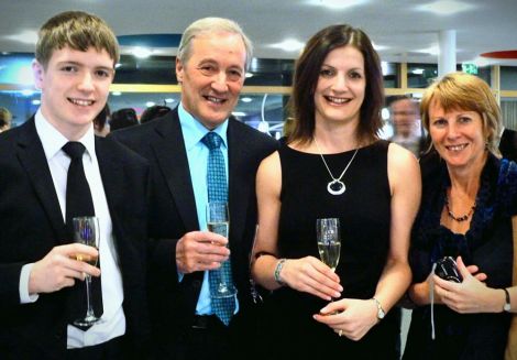 Craig Nicolson celebrates with his grandfather David Riddell, mother Yvonne and Marion Yeaman, principal teacher of chemistry at the AHS.