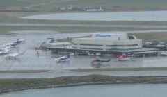 Sumburgh airport in November with fixed wing and rotary aircraft lining up to handle the growing oil-related passenger traffic.