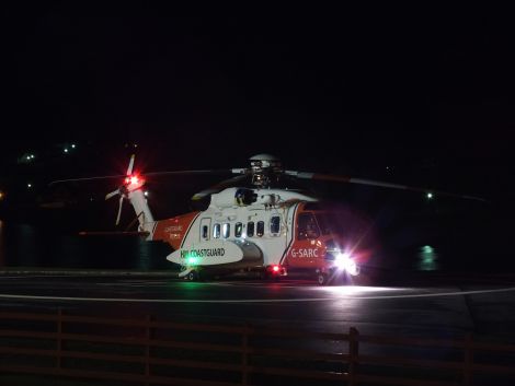 Shetland coastguard helicopter Romeo Charlie at Clickimin on Tuesday morning after delivering baby and mother from Unst. Pic. Paul Moar