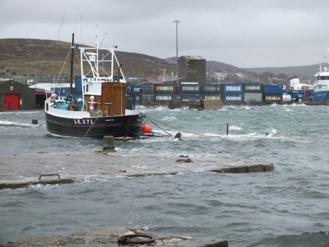 The sea rose to the height of the pier outside Shetland Museum & Archives at Hay's Dock. Pic. Cathy Hallett