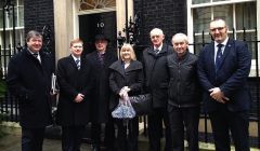 The SIC delegatrion gathers outside No 10 Downing Street. From left: Alistair Carmichael MP, Malcolm Bell, Mark Boden, Anita Jamieson, Cecil Smith, Allison Duncan and Gary Robinson.