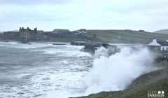 Waves crash in causing flooding and extensive damage at Leebitton, Sandwick, on Saturday. Pic. Garry Sandison