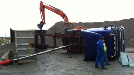 The RS Henderson lorry tipped over at Staney Hill quarry on Friday. Pic. SN