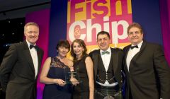 Didn't they do well! Frankie's owner Valerie Johnson, her daughter Carlyn Kearney and manager John Gold 'pleasantly surprised' after scooping four awards for their fish and chips, flanked by host Rory Bremner and award sponsor Philip Blakeman. Pic. Seafish