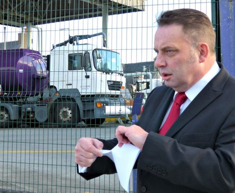 Callum Ian Macmillan of Fair Fuel Solutions outside the Scottish Fuels depot in Stornoway calling on retailers to rip up their contracts. Photo. Iain MacIver