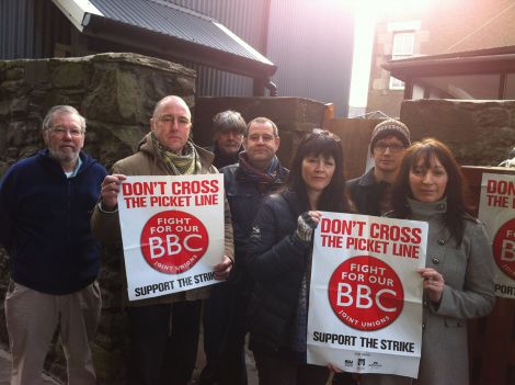 Staff from BBC Radio Shetland plus their supporters (left to right): camera man John Waters, producers Mike Grundon, Unison chairman Brian Smith, Radio Shetland senior producer John Johnston, producer Jane Moncrieff, Shetland Times reporter Neil Riddell, and Helen Smith - Photo: Shetland News.